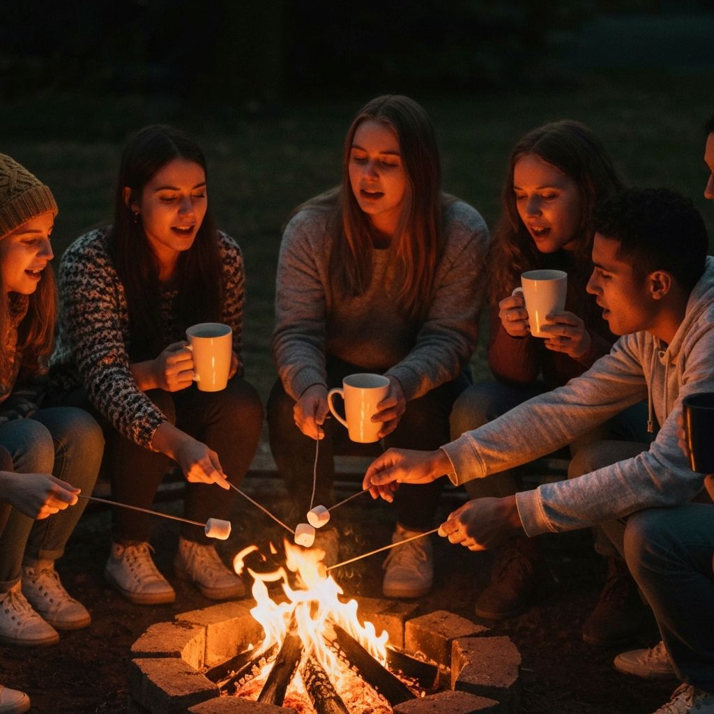 Students gathered around a bonfire