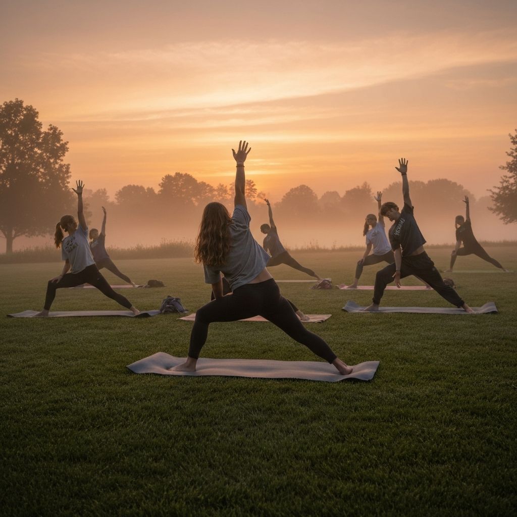 Sunrise yoga on campus lawn